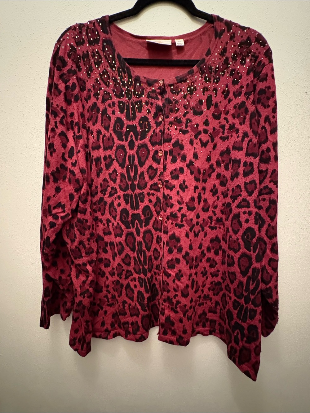Leopard Print Maroon Cardigan with Stud Accent